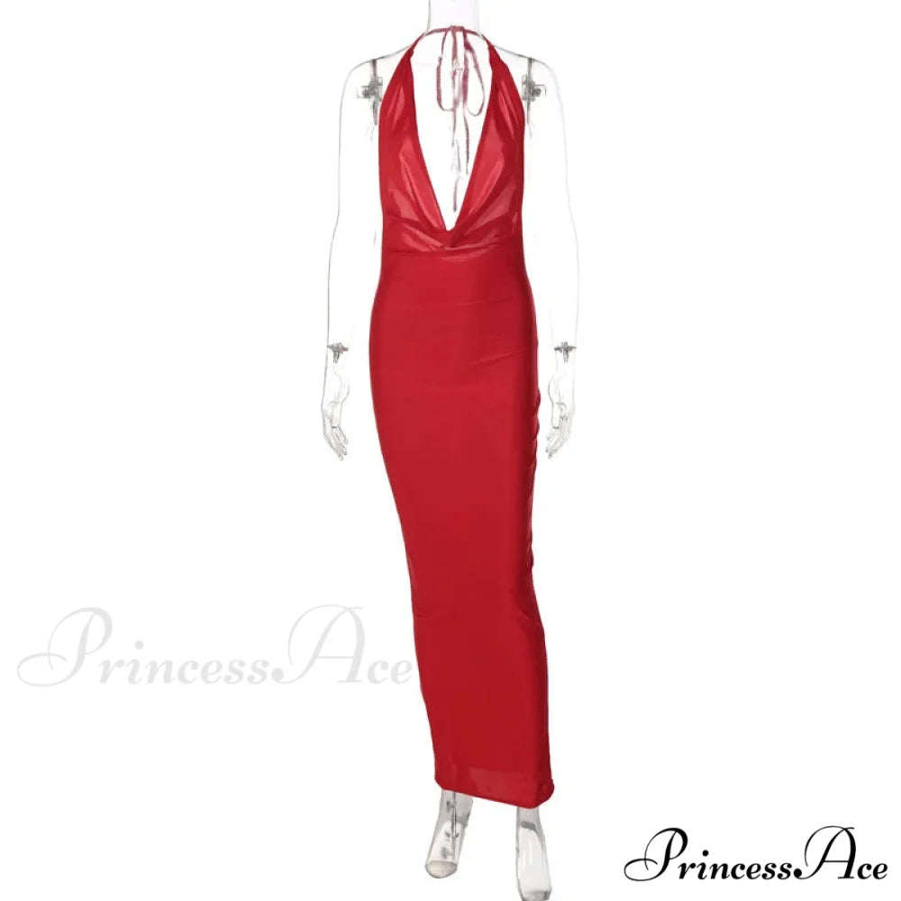 Elegant Satin Deep V Neck Sleeveless Maxi Christmas Party Dress Red / S