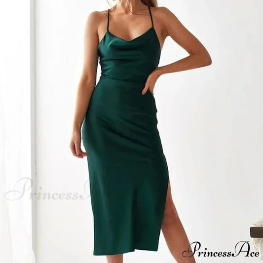 Elegant Satin Long Dresses Green Party Sexy Evening Backless Summer Christmas Party Dress