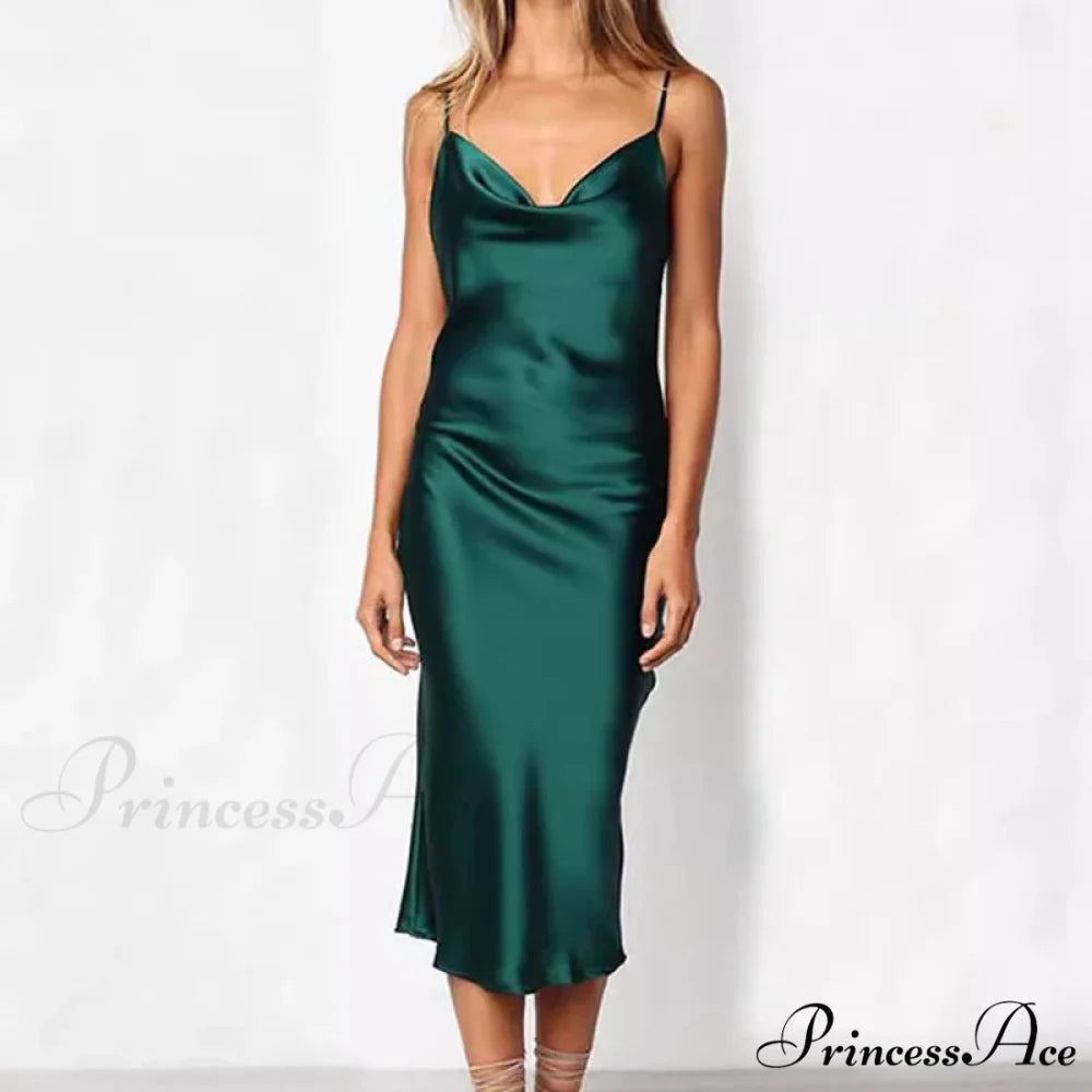 Elegant Satin Long Dresses Green Party Sexy Evening Backless Summer Christmas Party Dress