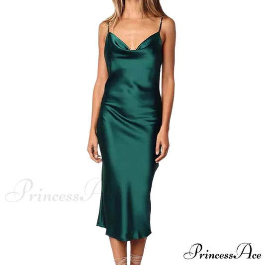 Elegant Satin Long Dresses Green Party Sexy Evening Backless Summer Christmas Party Dress Green / S
