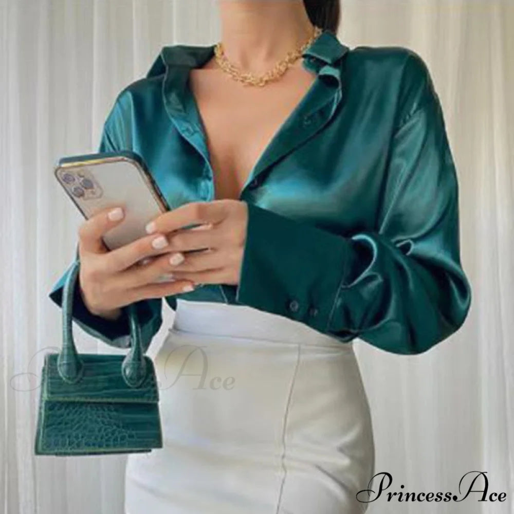 Elegant Satin Long Sleeve Blouses Dark green / S