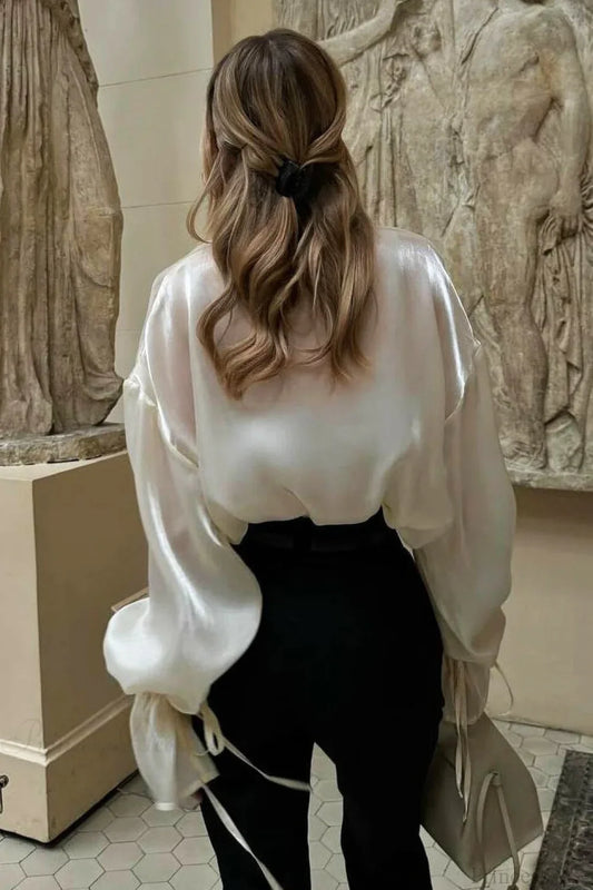 Elegant Satin Tie-Waist Loose Long Sleeve Blouse