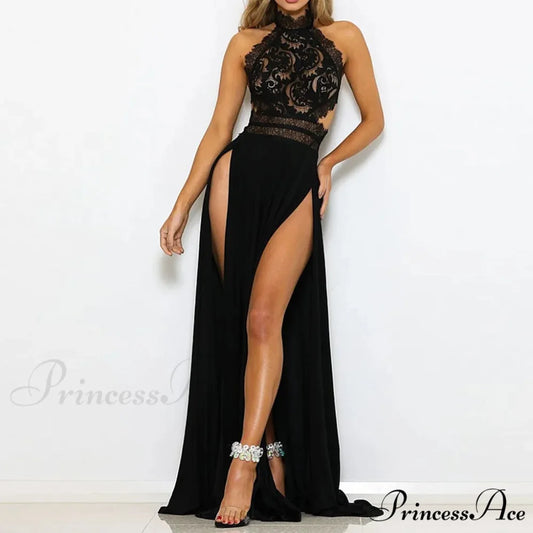 Elegant See Through High Split Backless Lace Red Christmas Party Dress Black / S