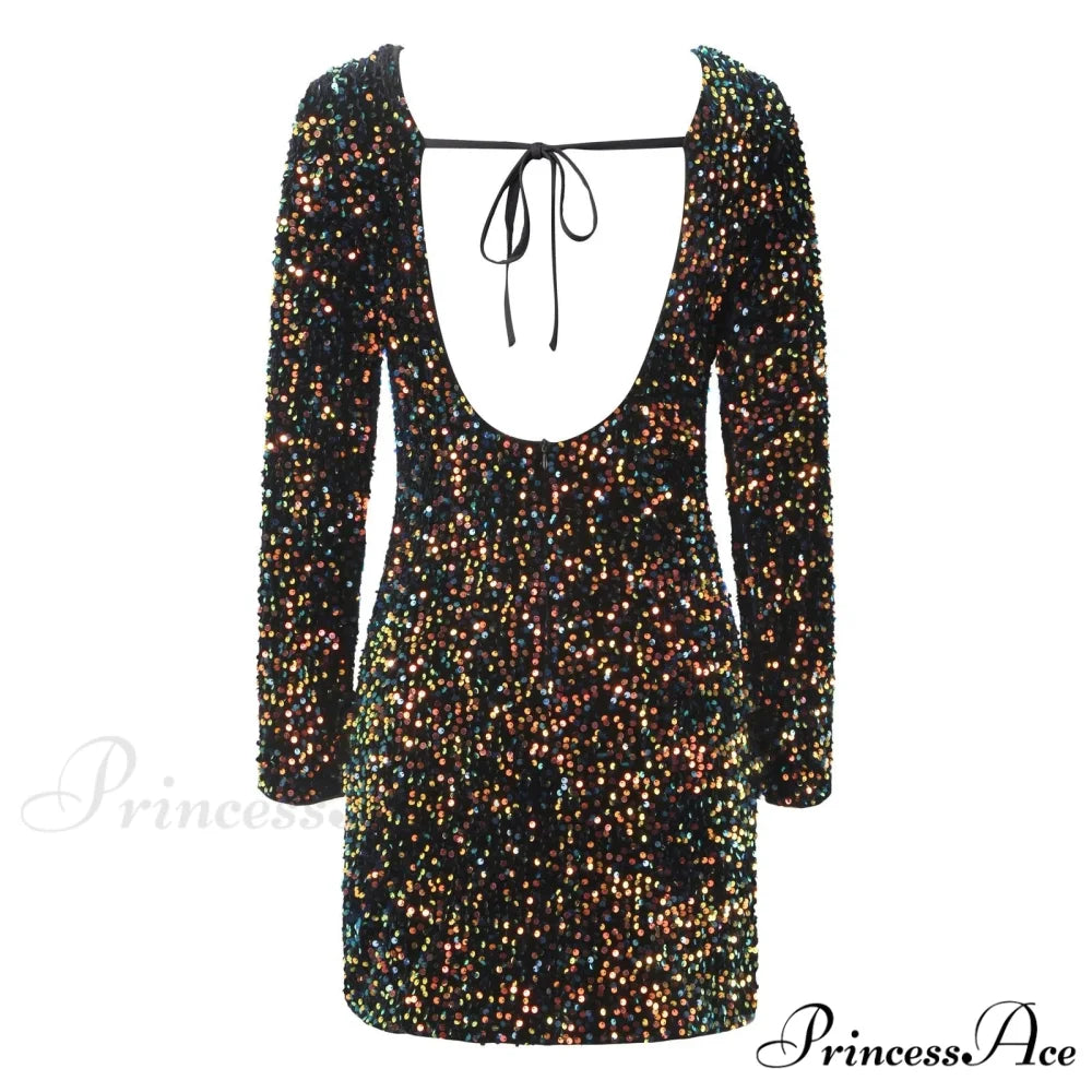 Elegant Sequined Elastic Waist Ruffled Lace-Up Summer Dress