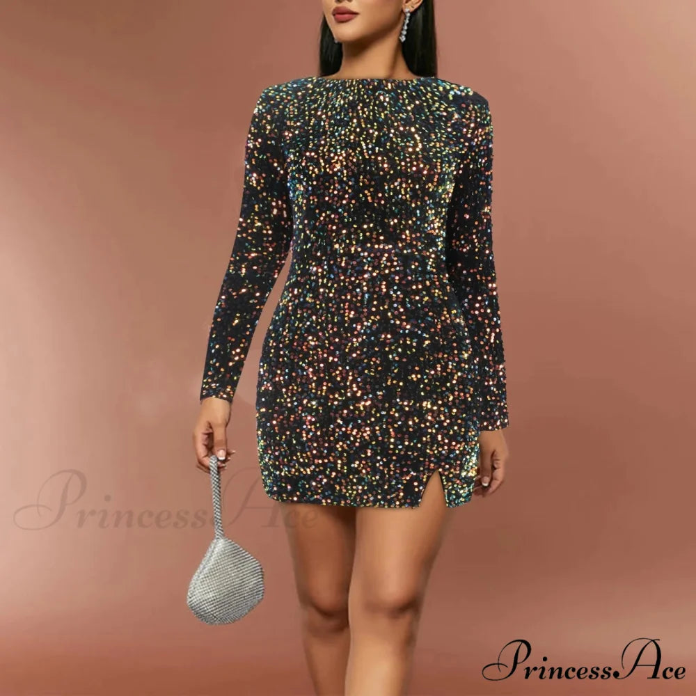 Elegant Sequined Elastic Waist Ruffled Lace-Up Summer Dress Black / S