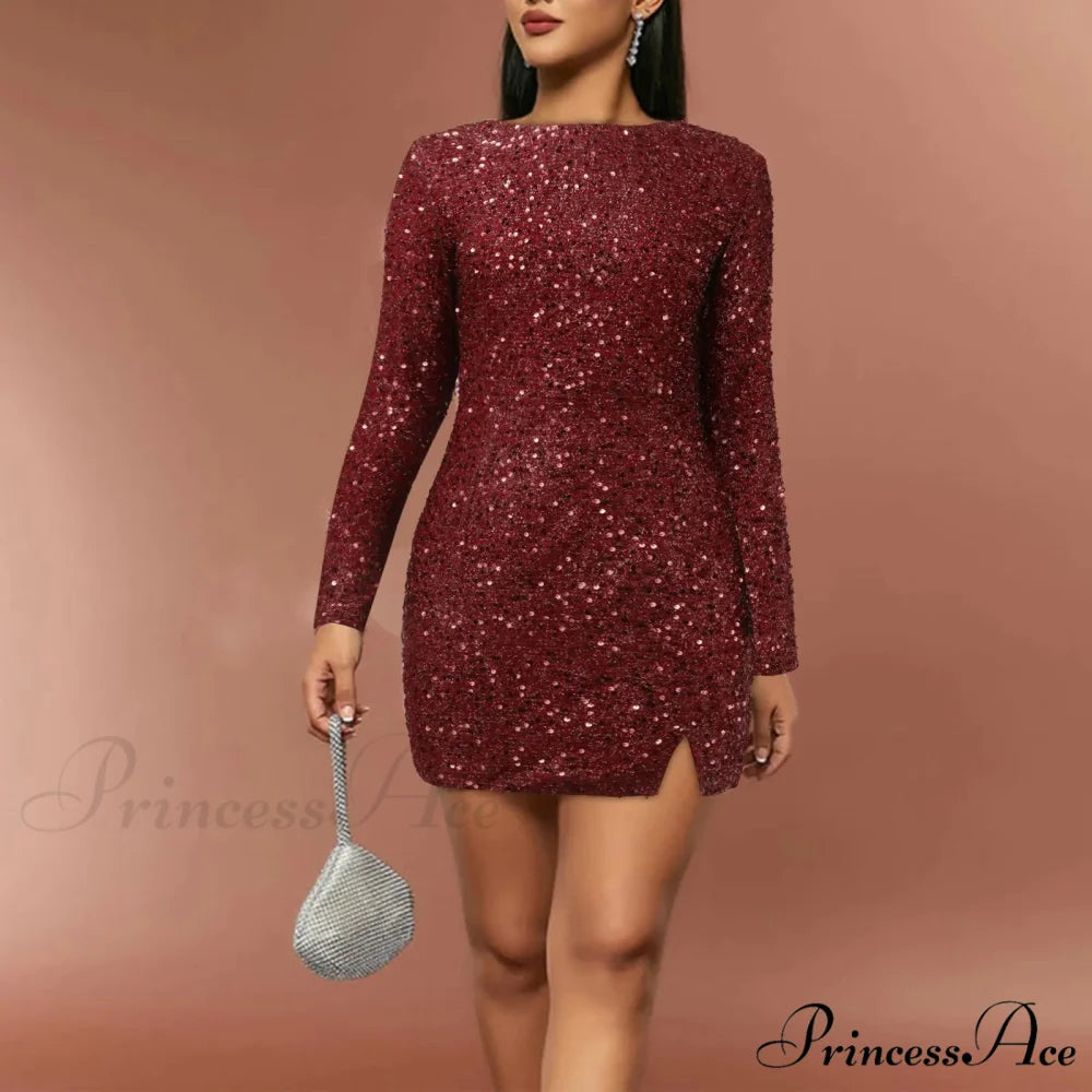 Elegant Sequined Elastic Waist Ruffled Lace-Up Summer Dress Wine / S