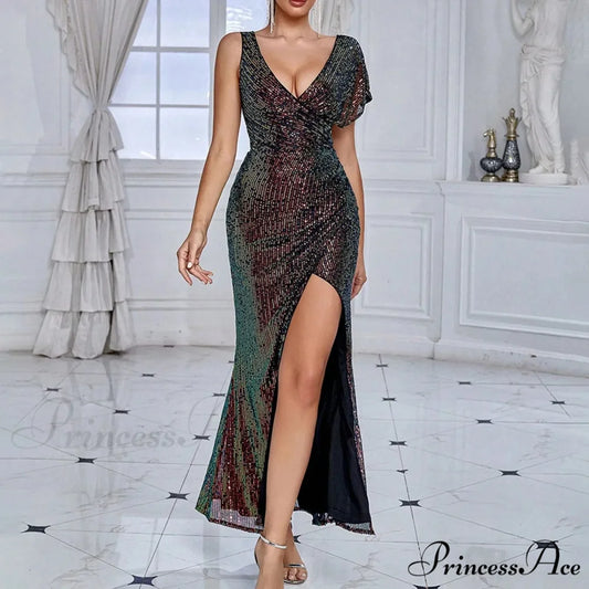 Elegant Sequined One-Shoulder Ruffled Side-Split Draped Evening Prom Maxi Dress Black / S