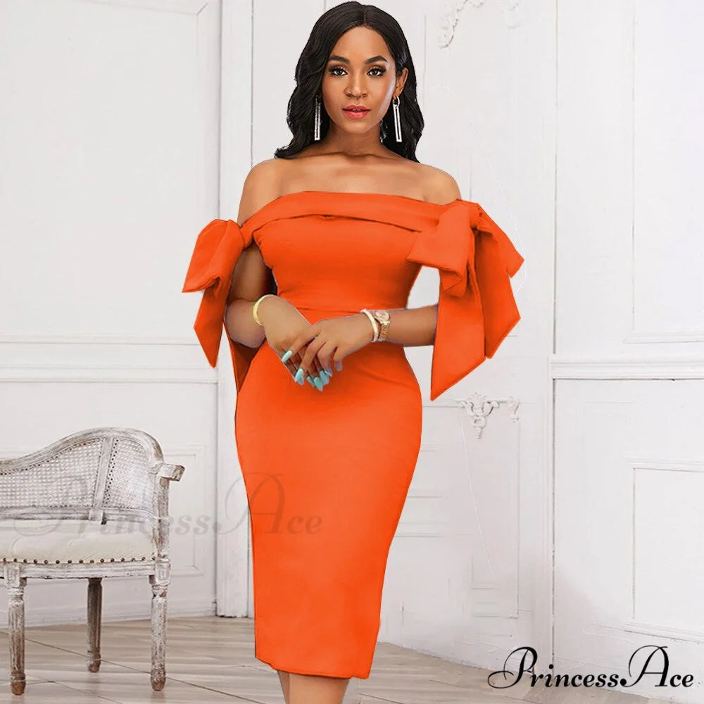 Elegant Sexy Off Shoulder Bow Evening Dinner Birthday Party Dress Orange / S