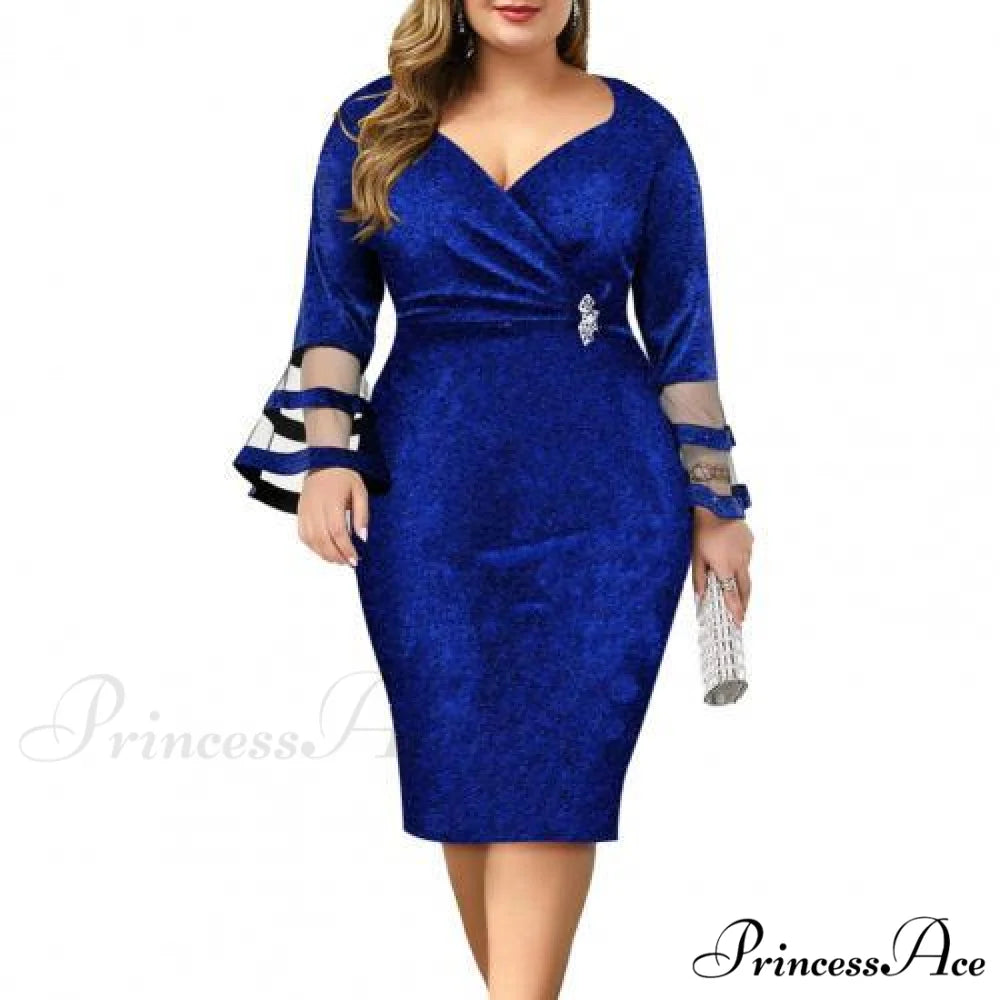 Elegant Sexy V Neck Bright Silk Mesh Party Dress Blue / M