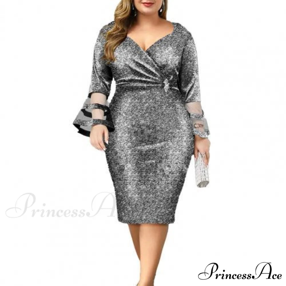 Elegant Sexy V Neck Bright Silk Mesh Party Dress Silver / M