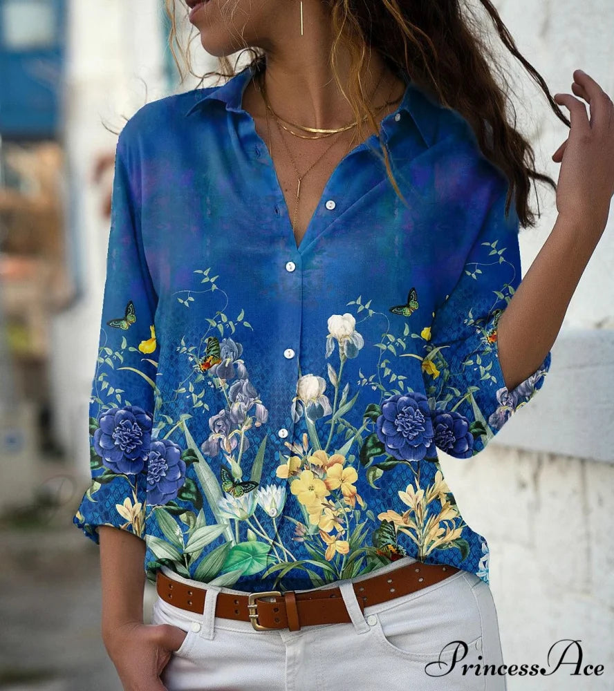 Elegant Shirts Fashion Long Sleeve Blouse deep blue / S