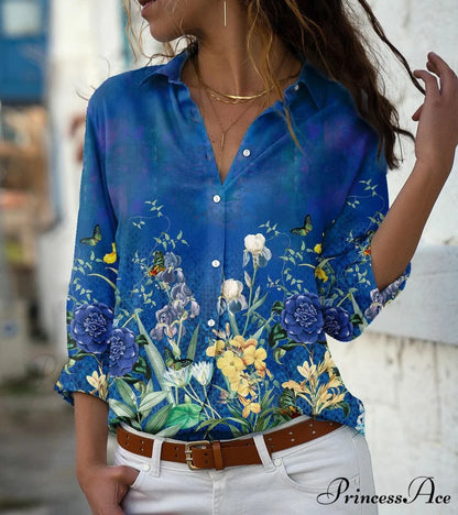 Elegant Shirts Fashion Long Sleeve Blouse deep blue / S