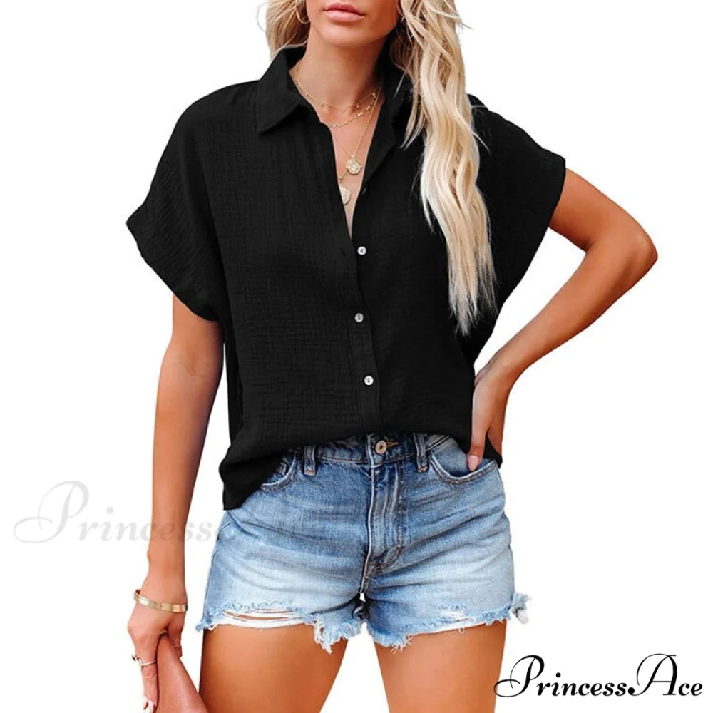 Elegant Short Sleeve Cotton Linen Batwing Blouses Black / S