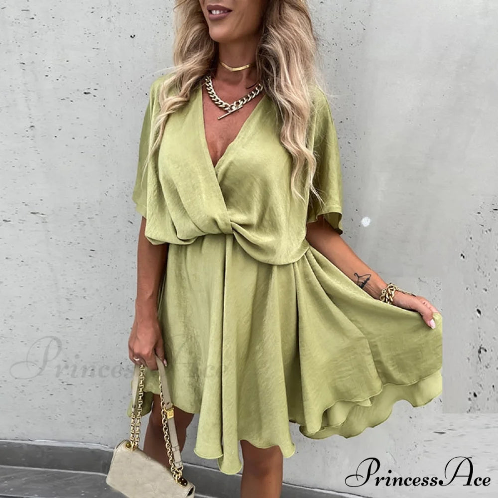 Elegant Short Sleeve Solid Modern A-line Loose Mini Dress 1 / S