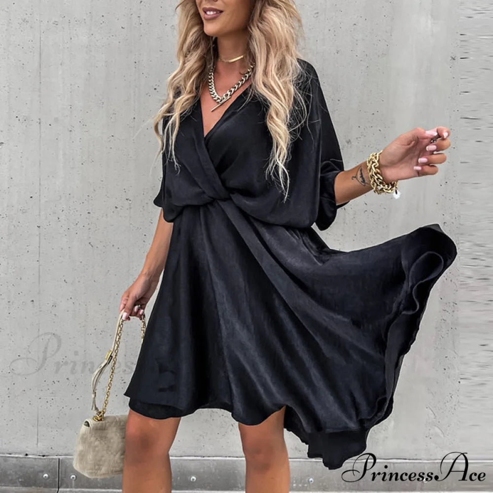 Elegant Short Sleeve Solid Modern A-line Loose Mini Dress 2 / S
