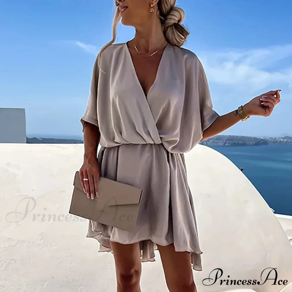 Elegant Short Sleeve Solid Modern A-line Loose Mini Dress 4 / S