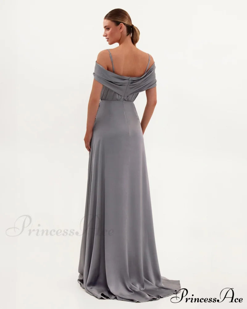 Elegant Silver Off-The-Shoulder Charming Silk Maxi Dress