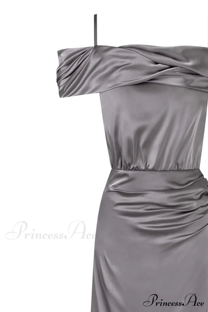 Elegant Silver Off-The-Shoulder Charming Silk Maxi Dress