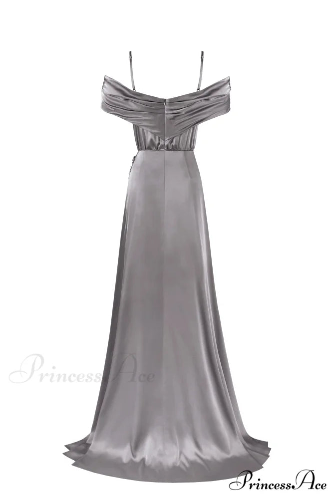 Elegant Silver Off-The-Shoulder Charming Silk Maxi Dress