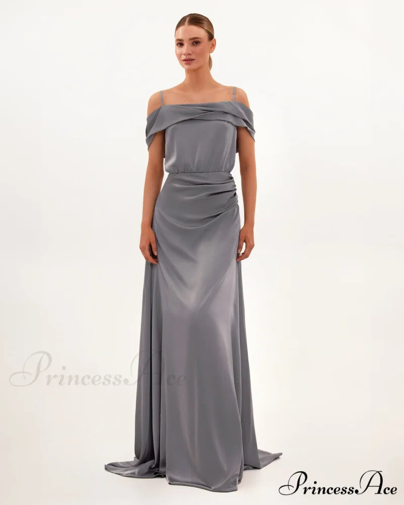 Elegant Silver Off-The-Shoulder Charming Silk Maxi Dress