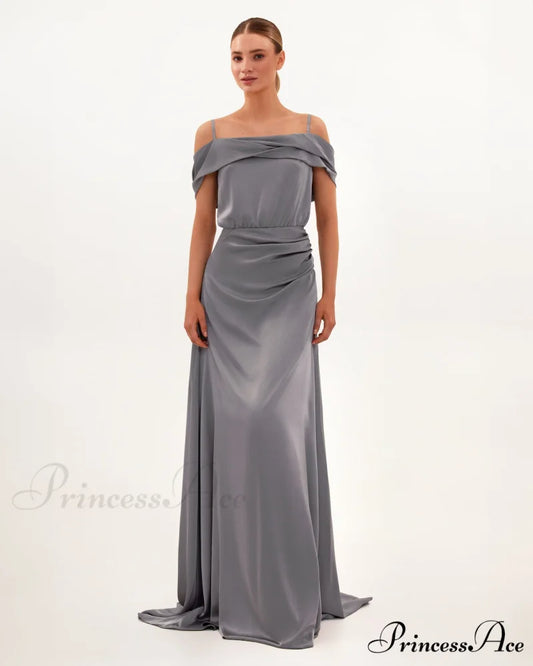 Elegant Silver Off-The-Shoulder Charming Silk Maxi Dress