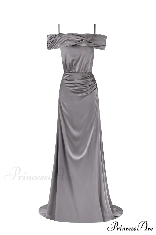 Elegant Silver Off-The-Shoulder Charming Silk Maxi Dress XXS / Silver