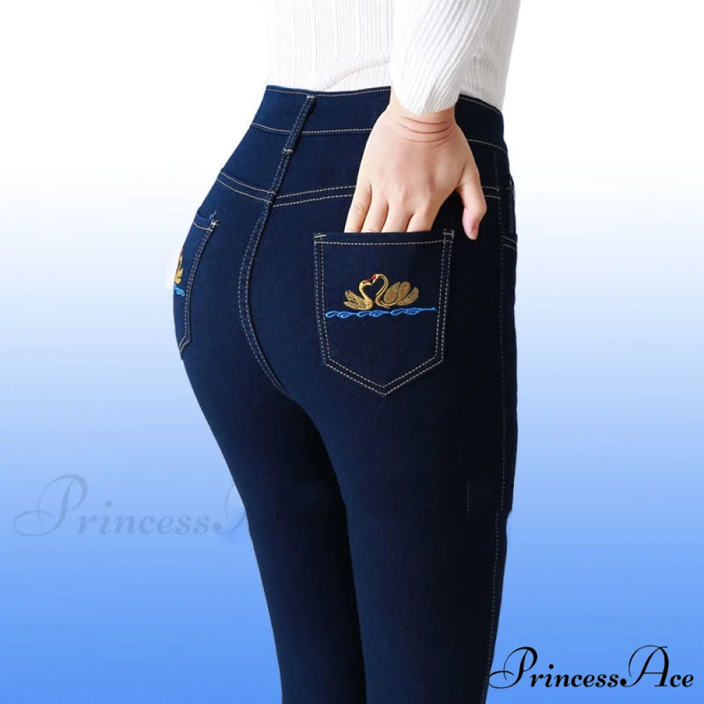 Elegant Skinny Straight Vaqueros Embroidered Pantalones E dark blue / 27 40-45kg
