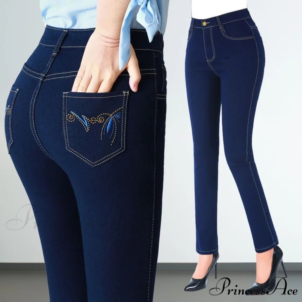 Elegant Skinny Straight Vaqueros Embroidered Pantalones N dark blue / 27 40-45kg