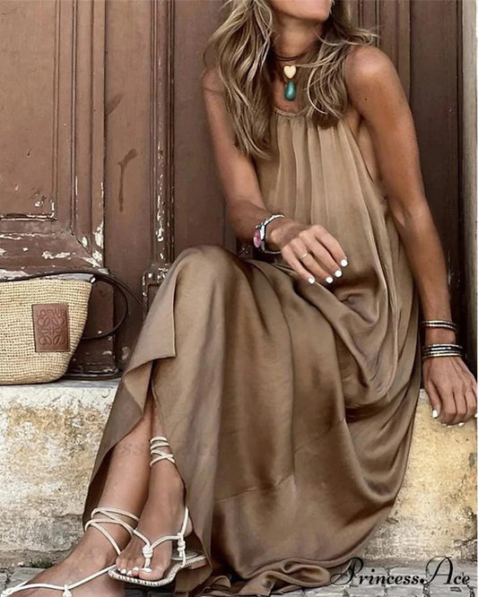 Elegant Sleeveless Dress in Solid Color Khaki / S