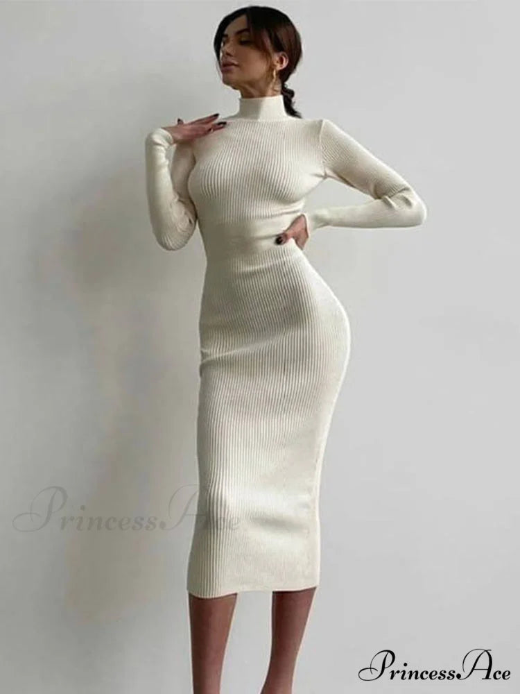 Elegant Solid Bodycon Long Sleeve Sweater Dress White 01 / S