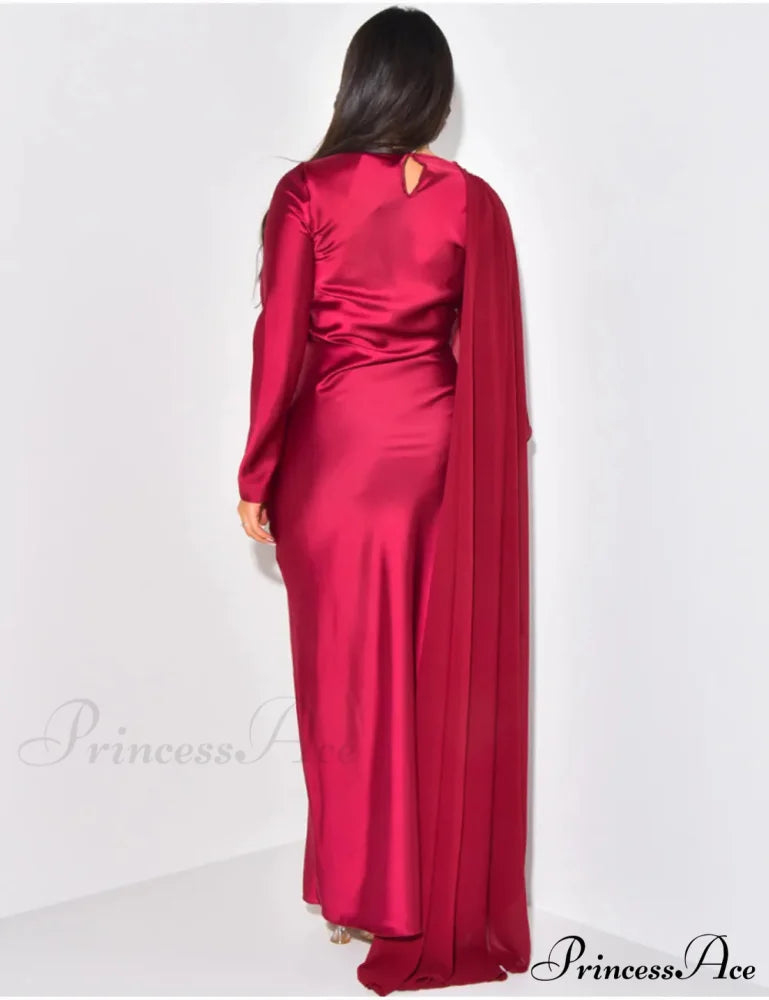 Elegant Solid Color Round Neck High Waist Swing Red Christmas Party Dress