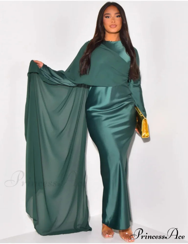 Elegant Solid Color Round Neck High Waist Swing Red Christmas Party Dress Green / S