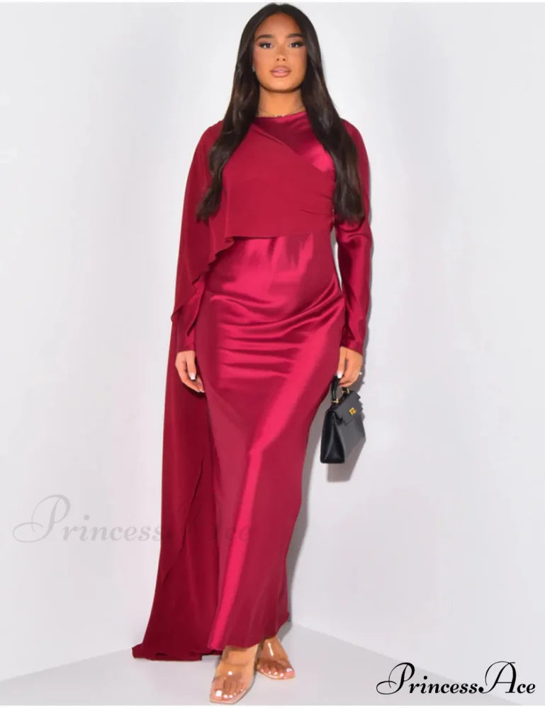 Elegant Solid Color Round Neck High Waist Swing Red Christmas Party Dress Red / S