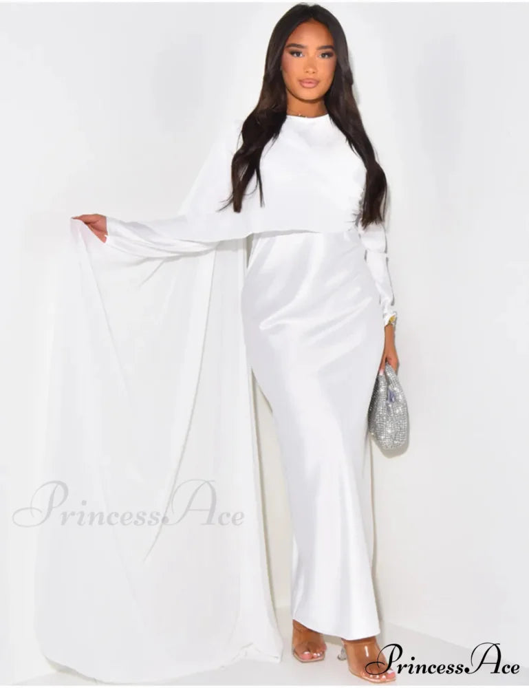 Elegant Solid Color Round Neck High Waist Swing Red Christmas Party Dress white / S