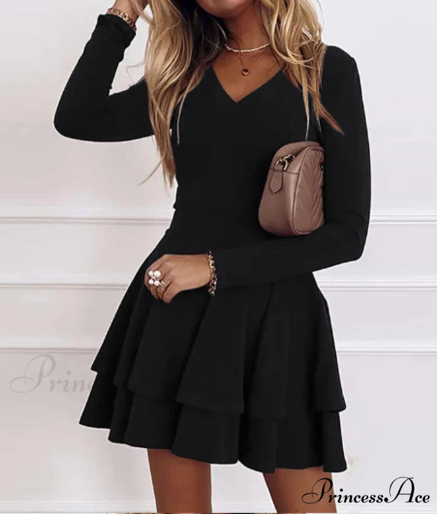 Elegant Solid Color Ruffle Party Dress - Women’s Sexy V-neck Long Sleeve M / RED