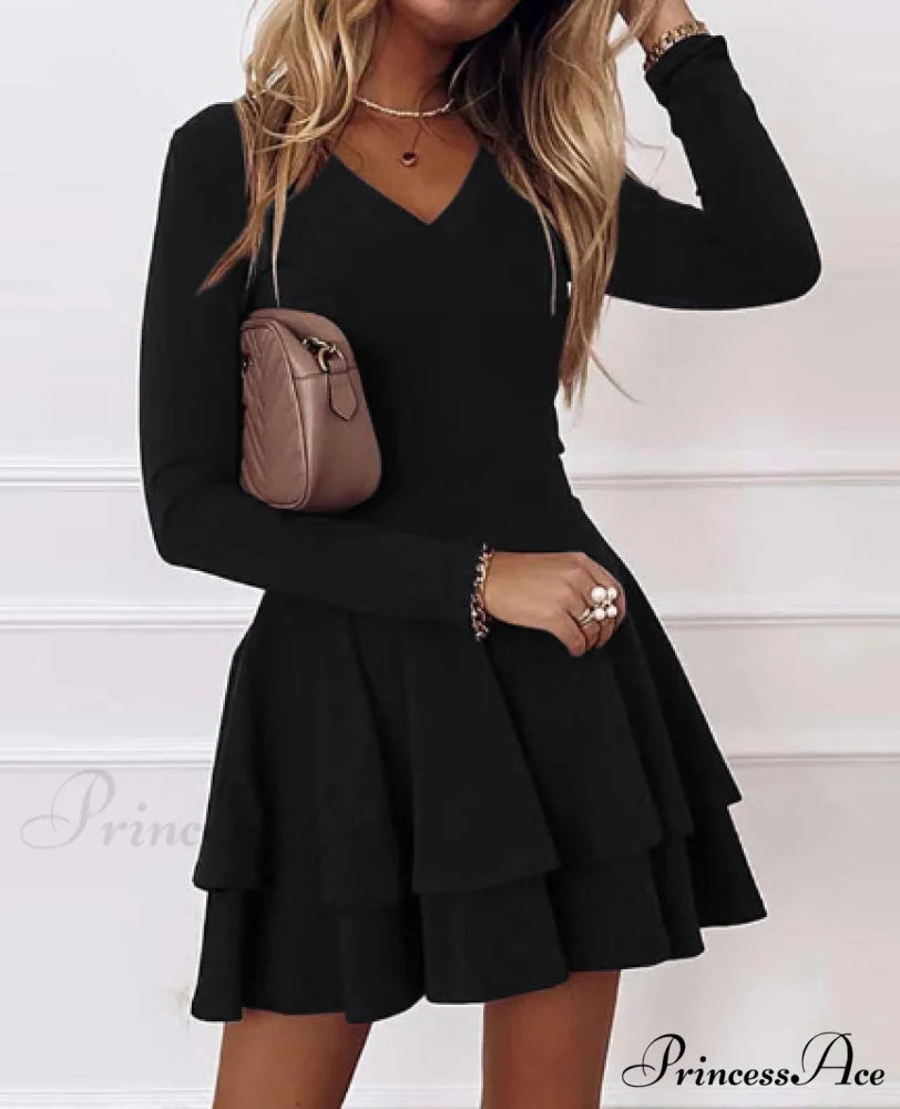 Elegant Solid Color Ruffle Party Dress - Women’s Sexy V-neck Long Sleeve S / BLACK