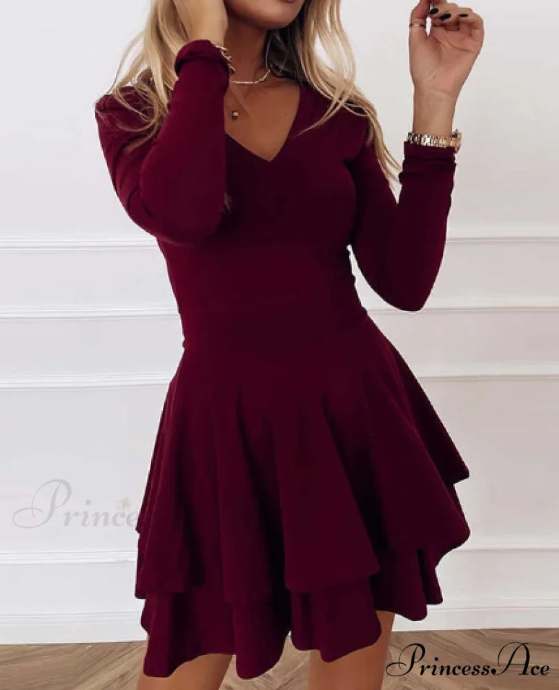 Elegant Solid Color Ruffle Party Dress - Women’s Sexy V-neck Long Sleeve S / BLUE