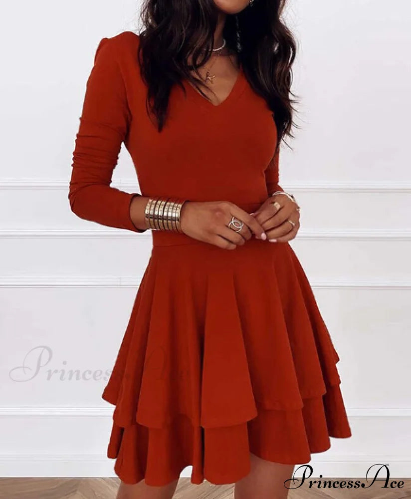 Elegant Solid Color Ruffle Party Dress - Women’s Sexy V-neck Long Sleeve S / BURGUNDY