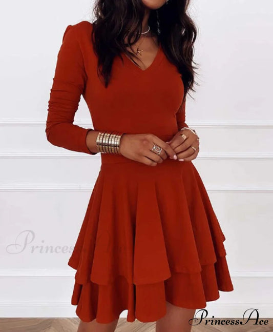Elegant Solid Color Ruffle Party Dress - Women’s Sexy V-neck Long Sleeve S / BURGUNDY