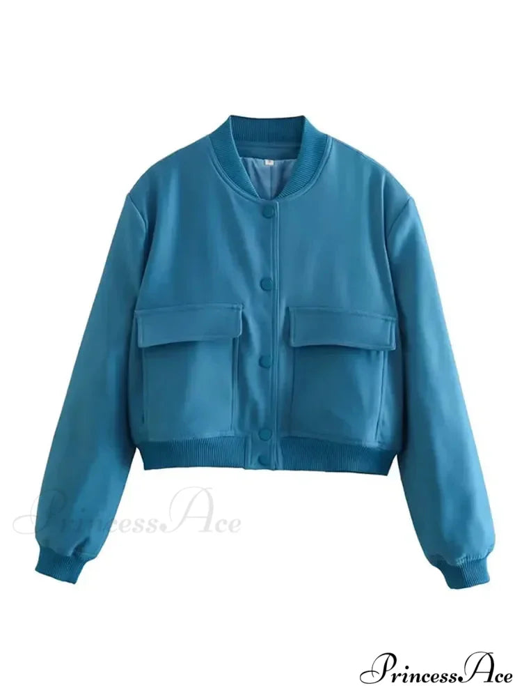 Elegant Solid Single-breasted Motorcycle Chic Long Sleeves With Pocket Autumn Stylish Coat BLUE / S