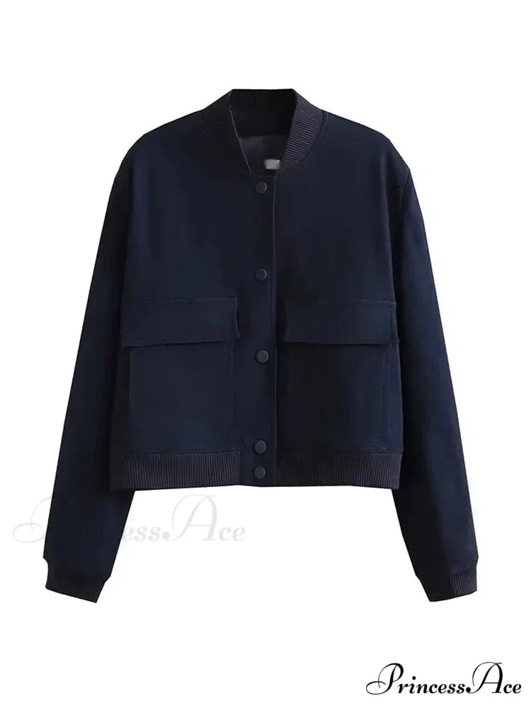 Elegant Solid Single-breasted Motorcycle Chic Long Sleeves With Pocket Autumn Stylish Coat Navy blue / S