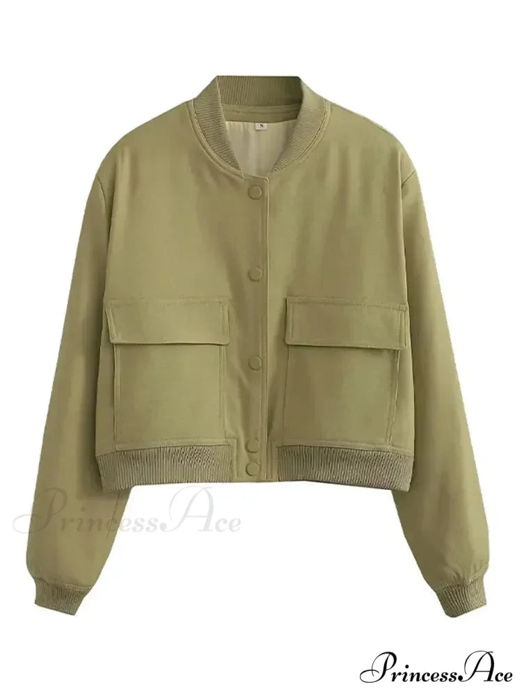 Elegant Solid Single-breasted Motorcycle Chic Long Sleeves With Pocket Autumn Stylish Coat Olive Green / S