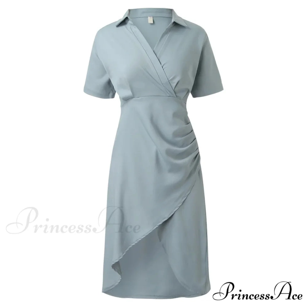 Elegant Solid Slim Korean Style Streetwear Midi Short Sleeve Lapel Casual Cozy Summer Fashion 2024 Dress