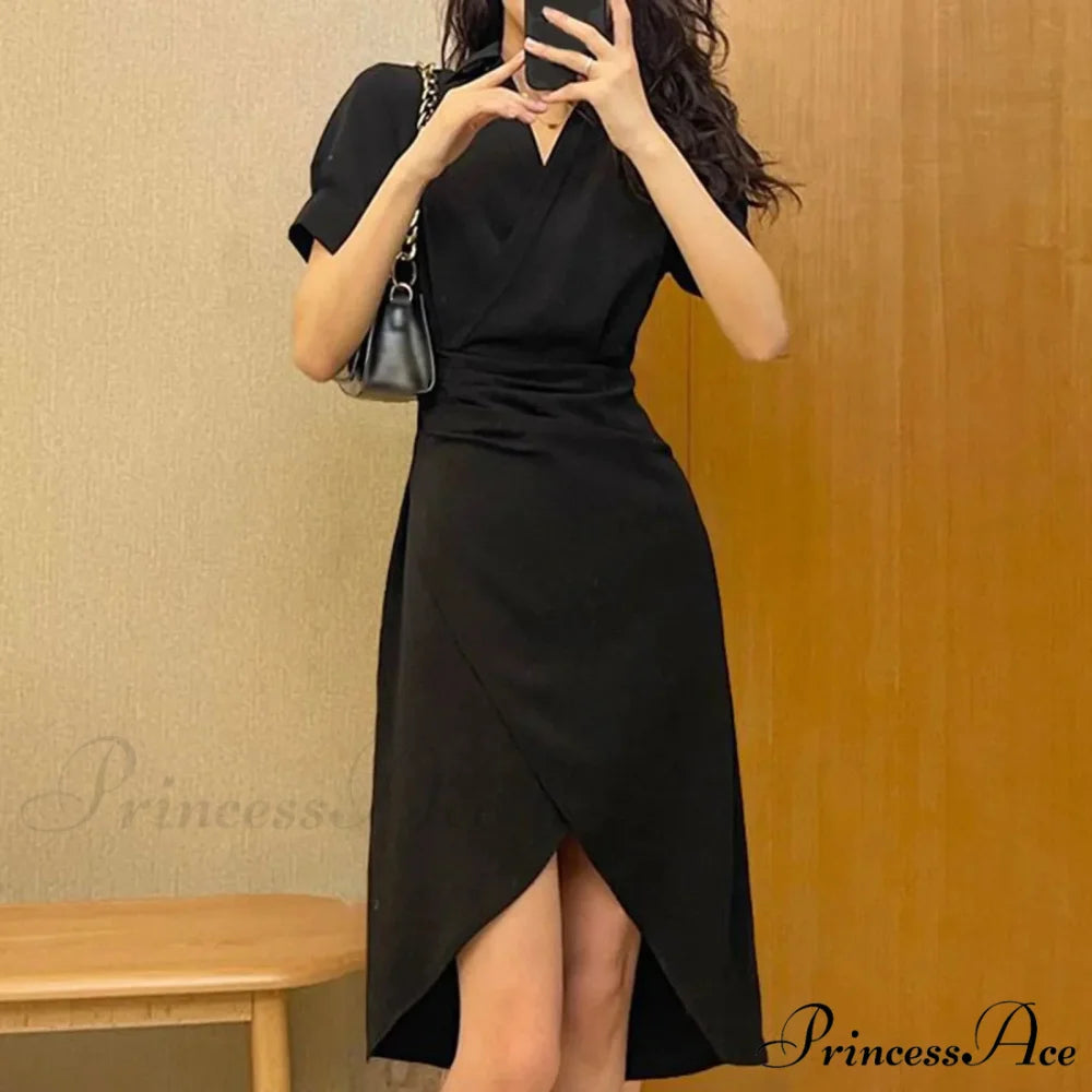 Elegant Solid Slim Korean Style Streetwear Midi Short Sleeve Lapel Casual Cozy Summer Fashion 2024 Dress Black / S