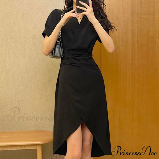 Elegant Solid Slim Korean Style Streetwear Midi Short Sleeve Lapel Casual Cozy Summer Fashion 2024 Dress Black / S