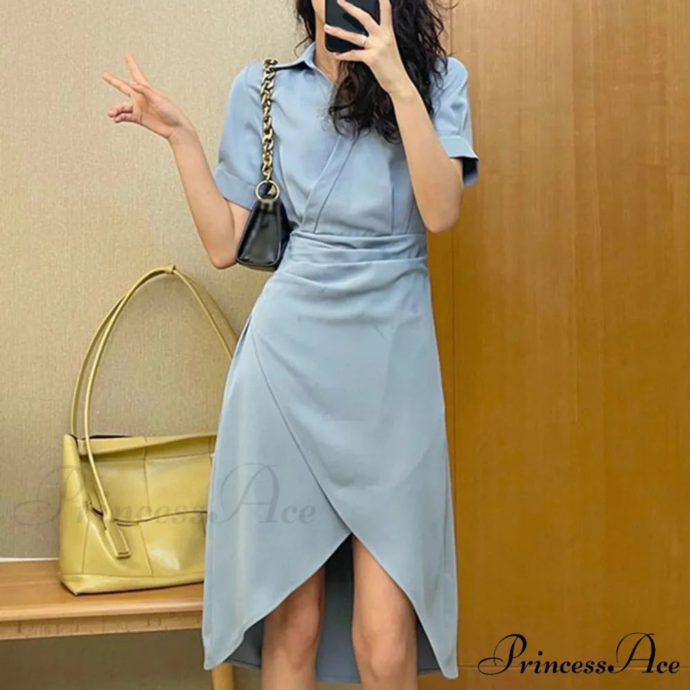 Elegant Solid Slim Korean Style Streetwear Midi Short Sleeve Lapel Casual Cozy Summer Fashion 2024 Dress Blue / S