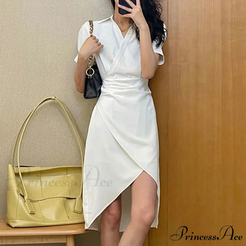 Elegant Solid Slim Korean Style Streetwear Midi Short Sleeve Lapel Casual Cozy Summer Fashion 2024 Dress White / S