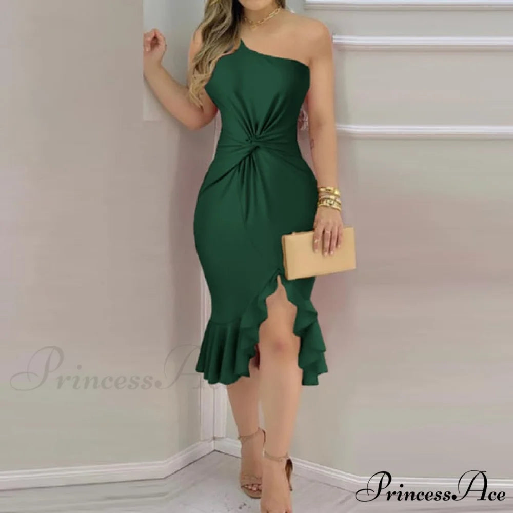 Elegant Solid Velvet Bodycon Party Dress Green / S