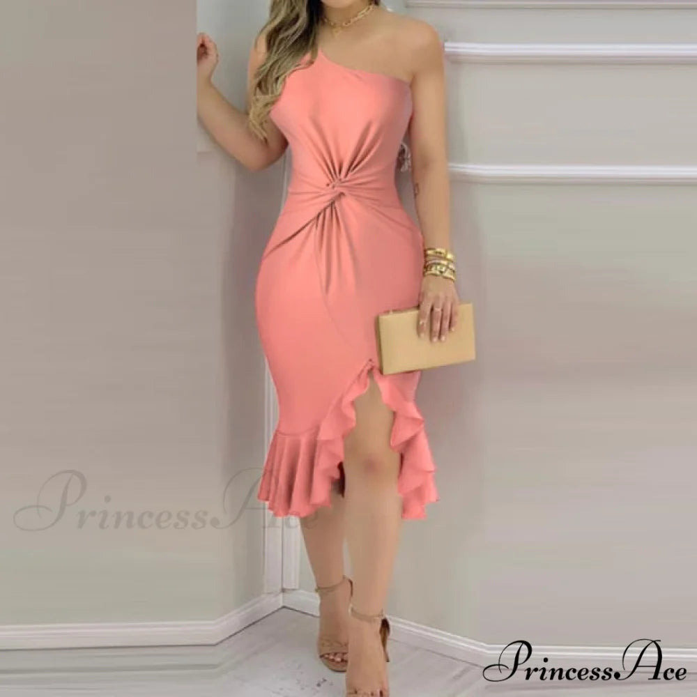Elegant Solid Velvet Bodycon Party Dress Pink / S
