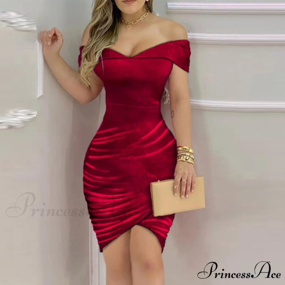 Elegant Solid Velvet Bodycon Party Dress Red / S